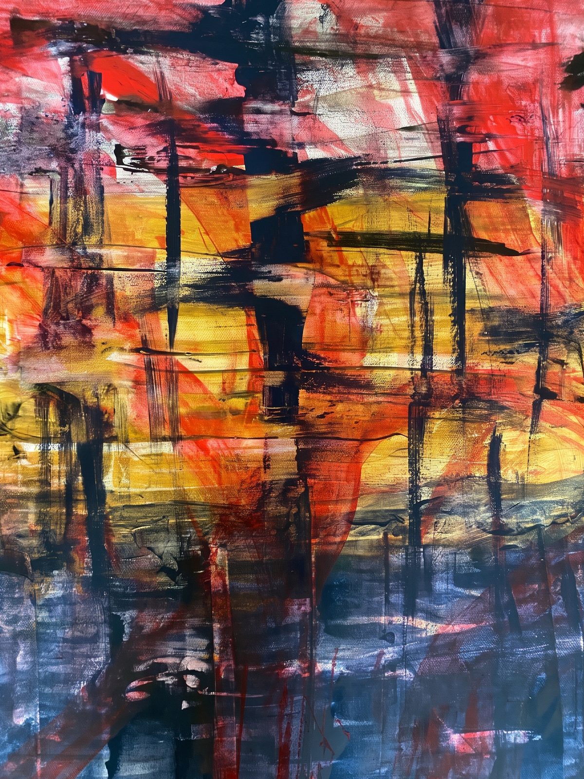 Lore Lensing, abstraktes Gemälde in Rot, Orange und Nachtblau